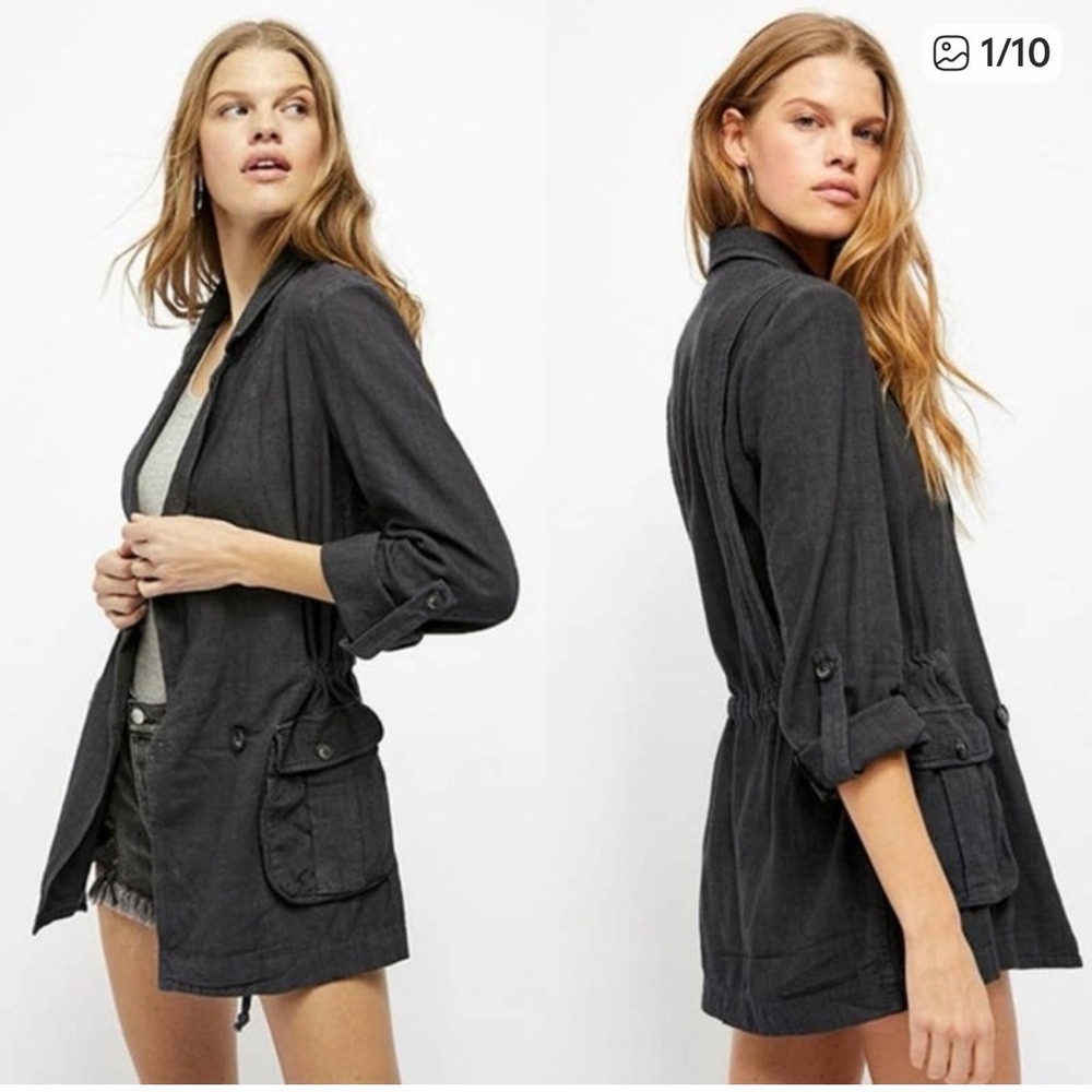 Free People Charly Black Linen Utility Blazer Medium Dark Academia Gorpcore